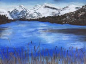 Cold Blue Tranquility Padarn Lake Snowdonia National Park Soft pastels and inktense on card Limited Edition Print Art Just by Joan