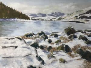Ice Cold Murmur Padarn Lake Snowdonia National Park Soft pastels on card Limited Edition Print Art Just by Joan