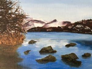 Mirror of cold Padarn Lake Snowdonia National Park Oil on card Limited Edition Print Art Just by Joan